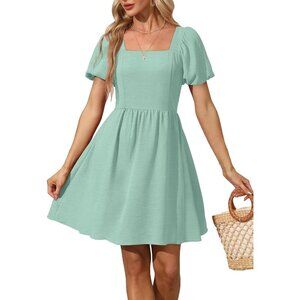 Ofeefan Women Sage Green Puff Sleeve Square Neck Tie in Back Dresses with Zipper